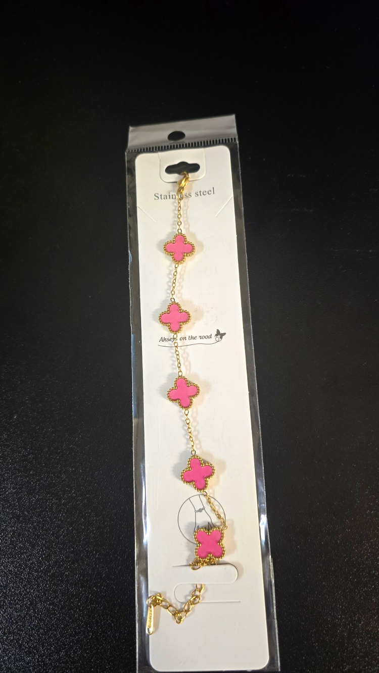 Stainless Steel Gold Tone Cable Chain Bracelet Pink Clover Dangle Charms